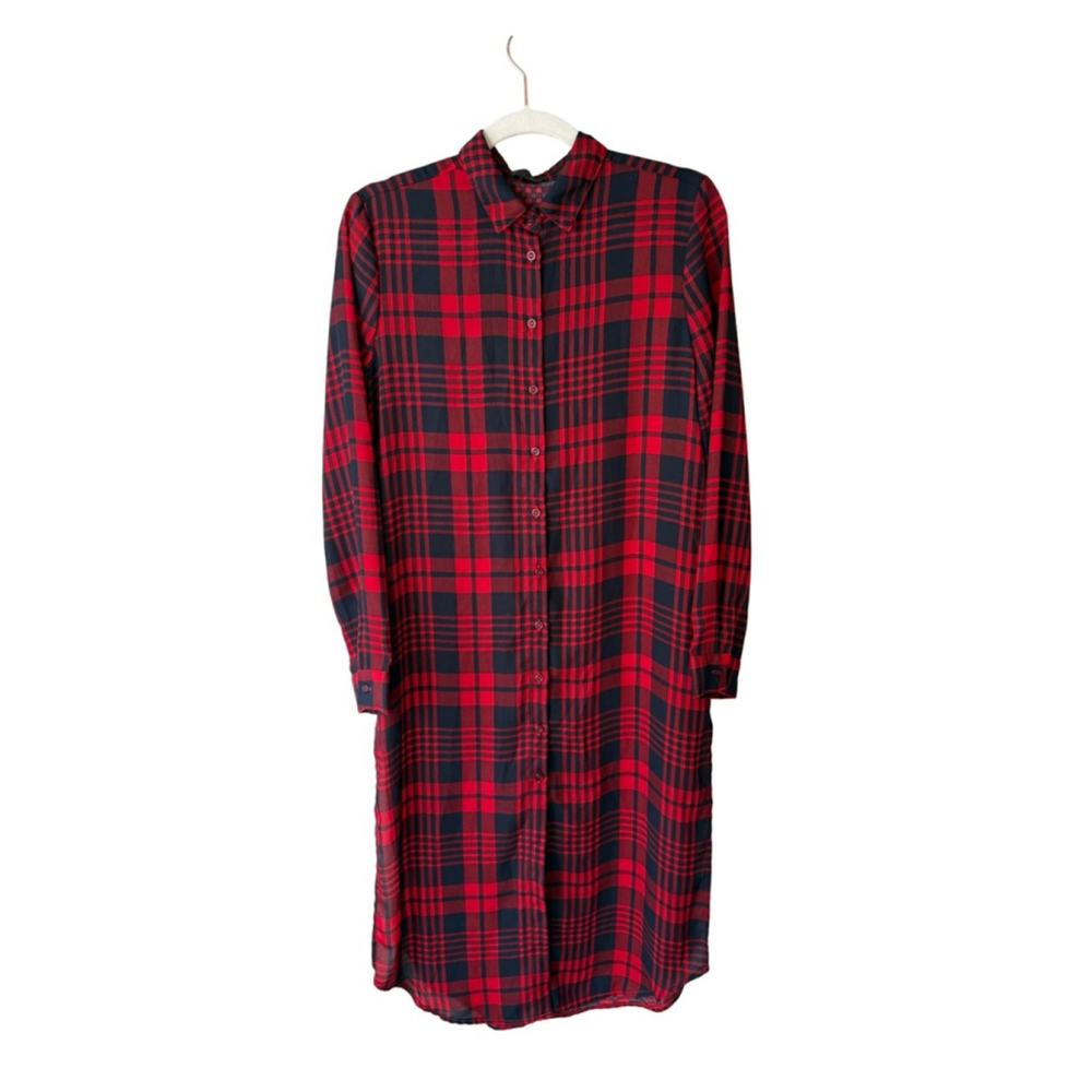 Red and Black Plaid Button-Front Tunic Shirt Dress Size S or M Lightweight
